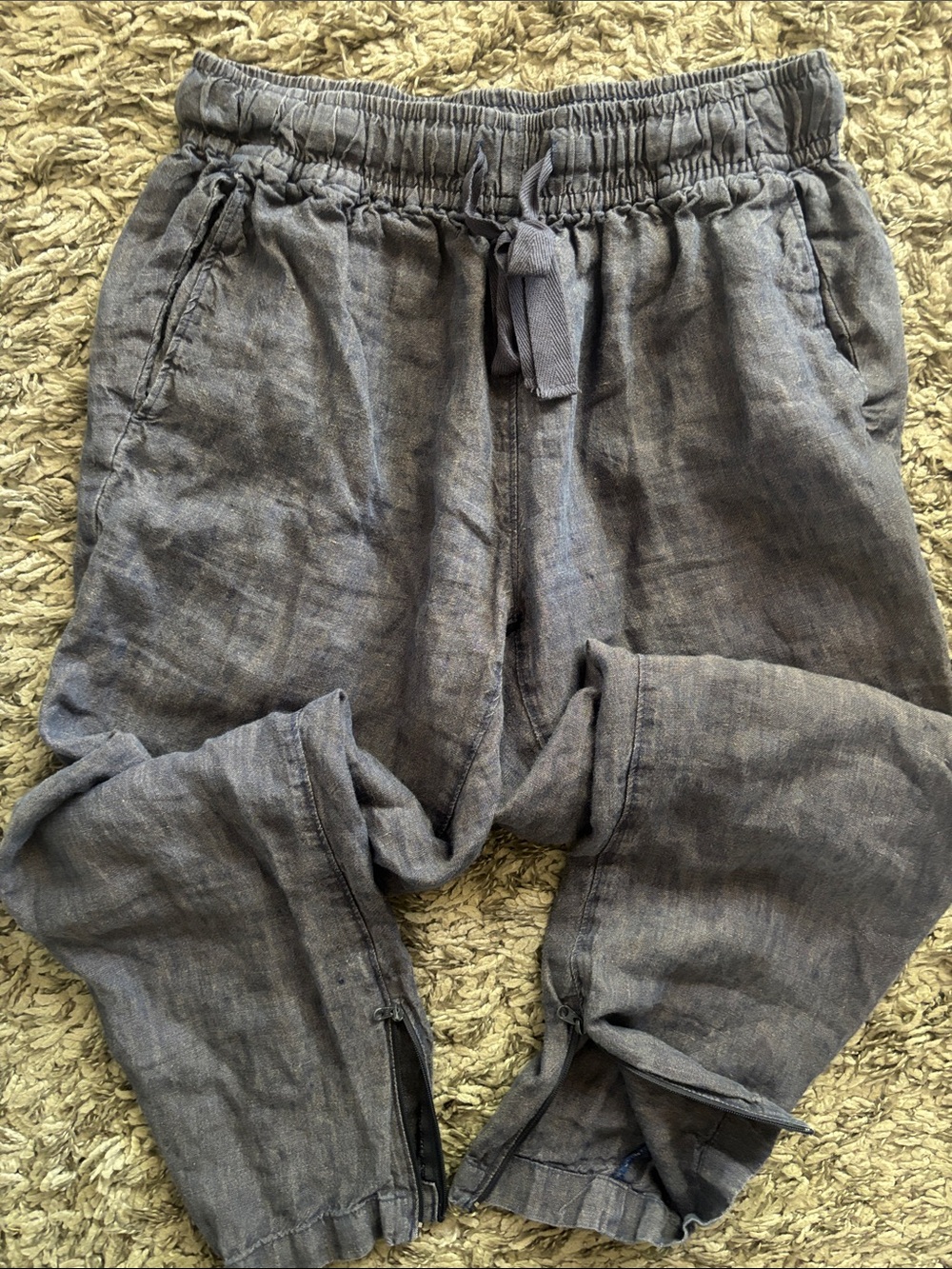 Linen Drawstring cropped Pants zipper at bottom. Charcoal Blue/Gray